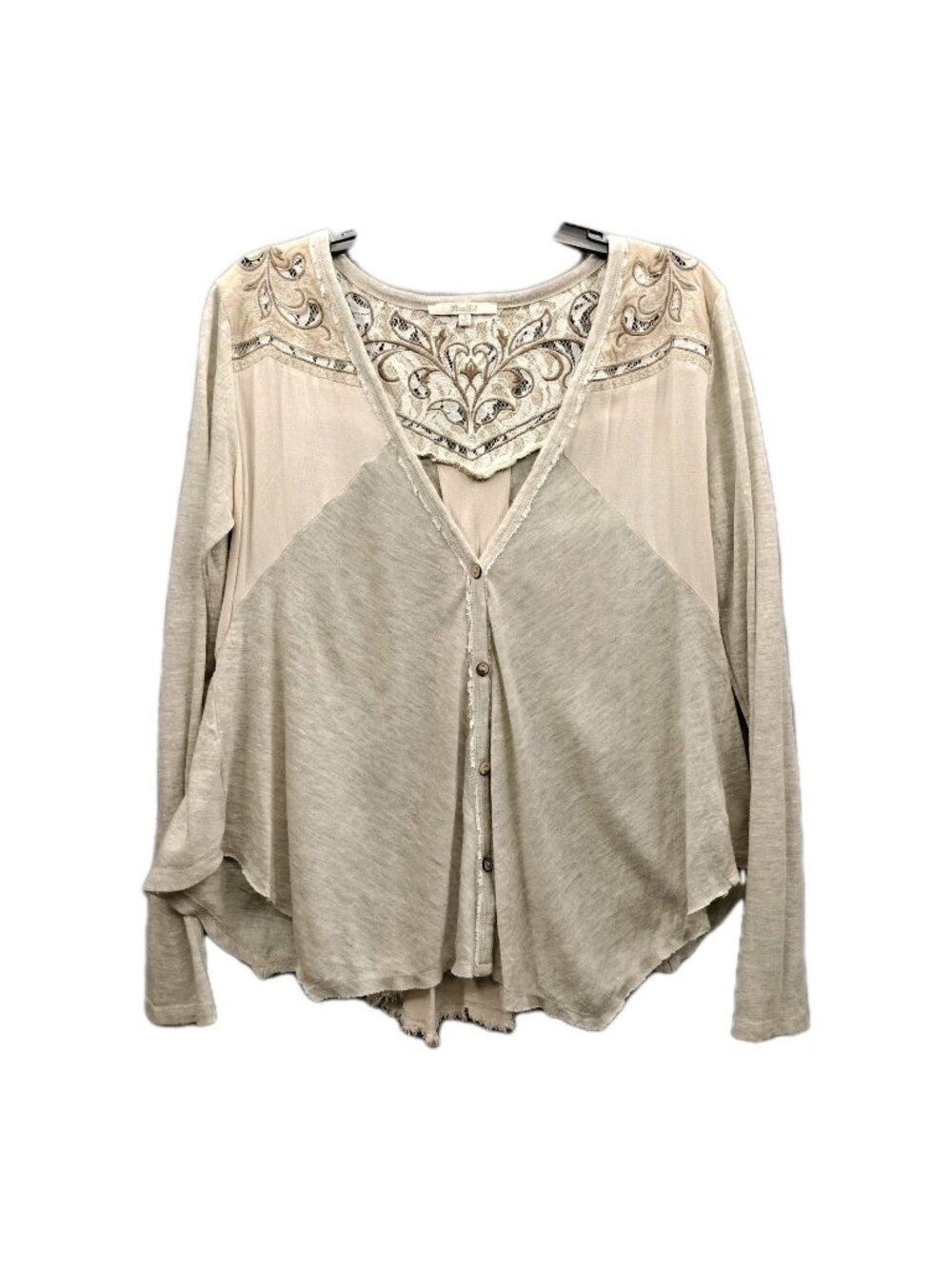Miss Me Tunic Top Sz S Beige Lace Trim Long Sleeve Knit Button Cardigan Sweater